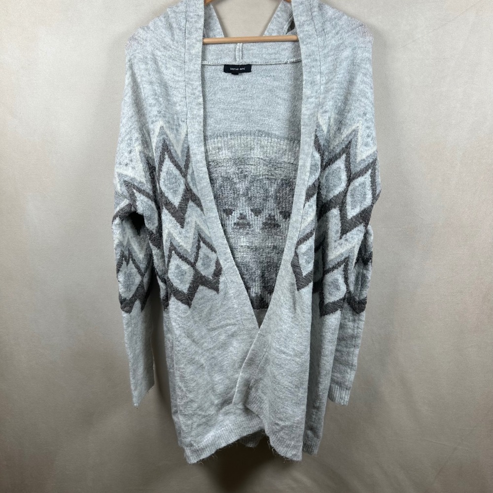 Verve Ami Cardigan Women Small Hooded Open Front Geometric Diamond Grey Knit